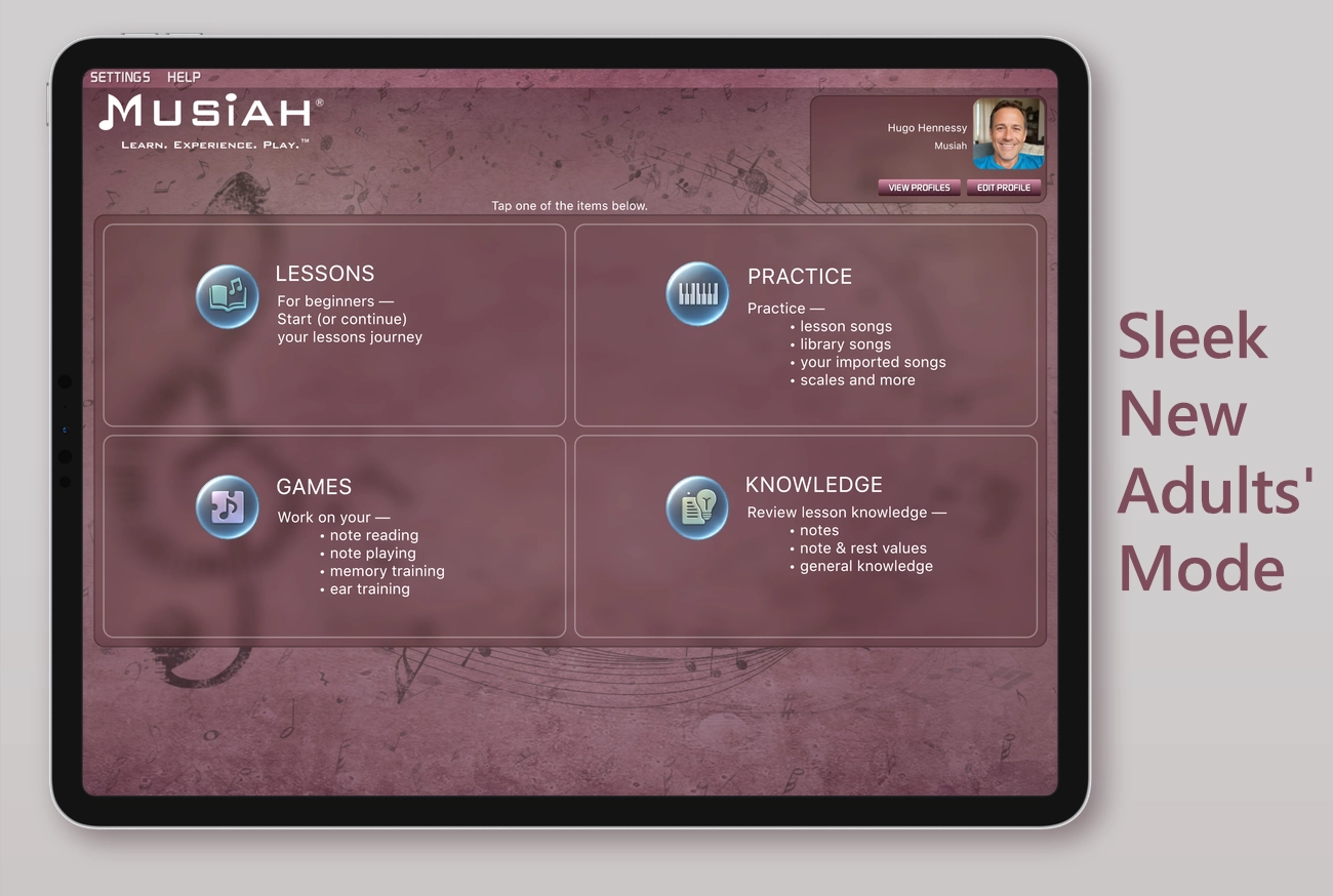 adults piano lessons app on ipad with MIDI piano keyboard