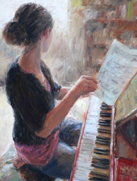 painting of girl at piano turning sheet music page