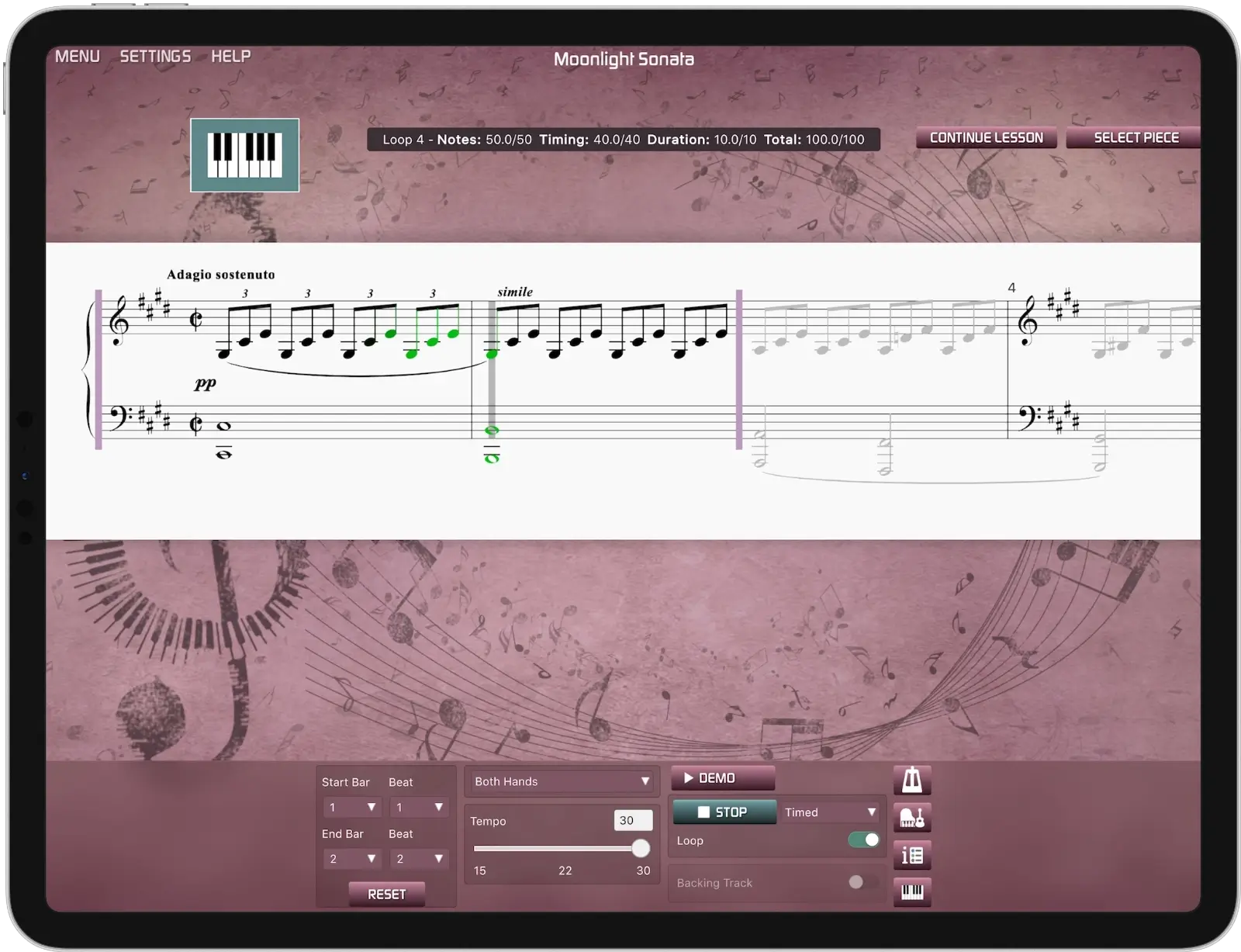 Musiah piano lessons app Practice Area showing loop feature on iPad on a digital piano