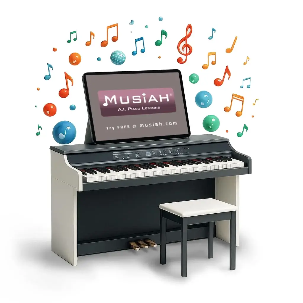 iPad displaying Musiah piano lessons app logo resting on a digital piano surrounded by music notes