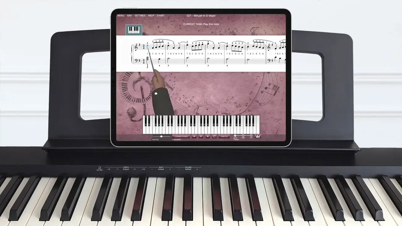 Musiah app on an iPad atop a digital piano