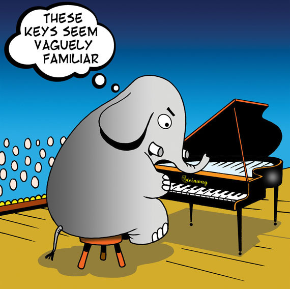 elephant seated at piano struggling to remember the notes of a piano song