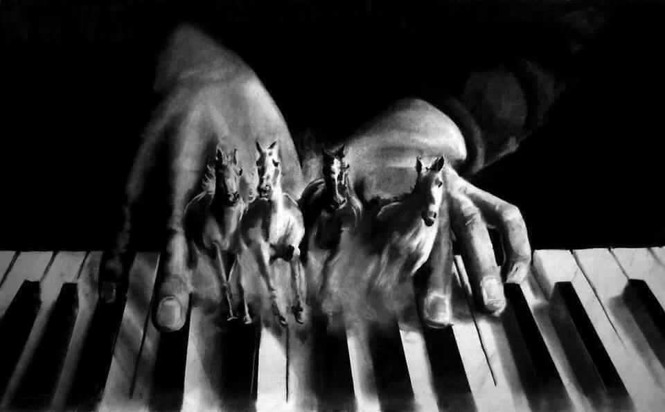 hands on piano with fingers changing into horses