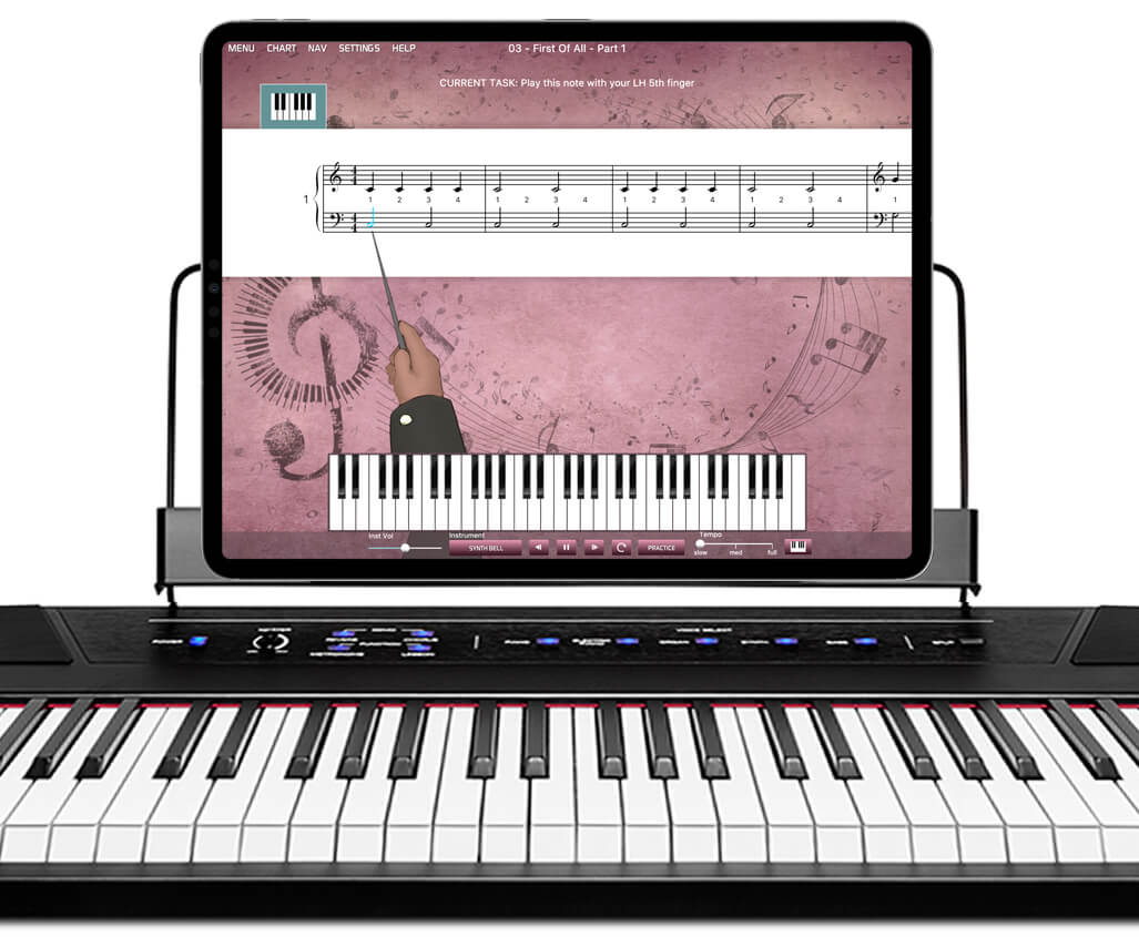 keyboard lessons app on iPad resting on MIDI keyboard