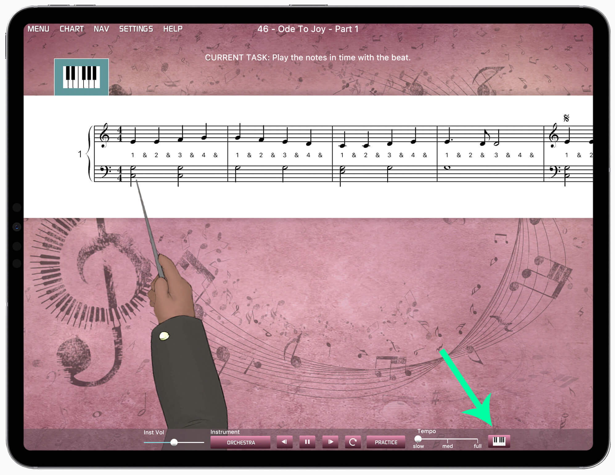 iPad with Musiah app showing the online piano keyboard icon