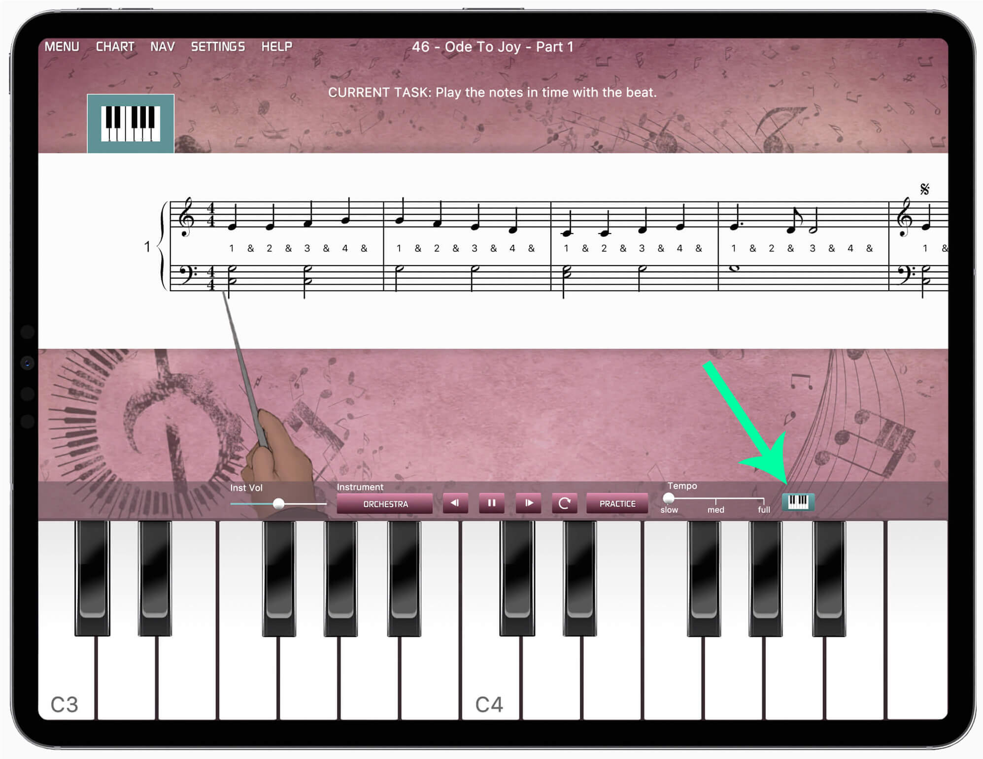 iPad with Musiah app showing the online piano keyboard and icon