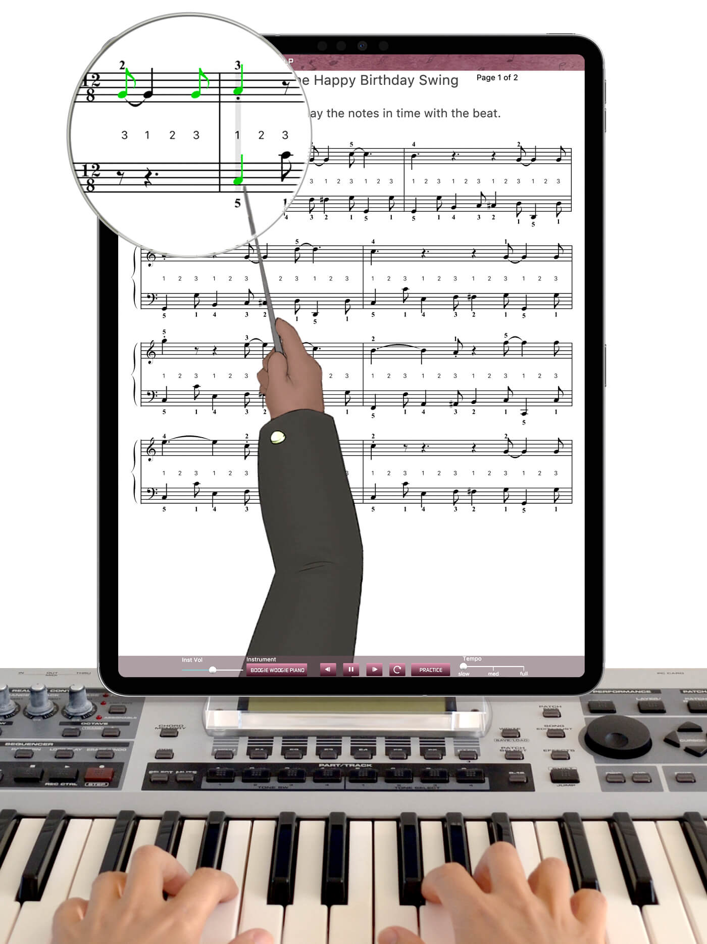 hands on piano with iPad running Musiah piano learning app