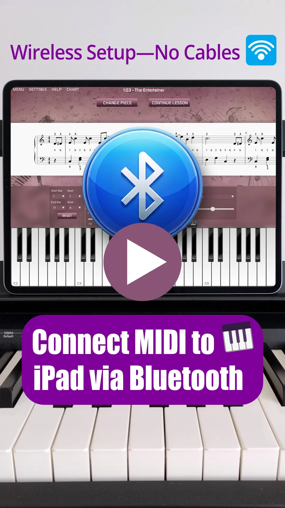 Wireless Bluetooth MIDI connection guide for iPad and digital piano. Tutorial on pairing a keyboard with the Musiah piano app.