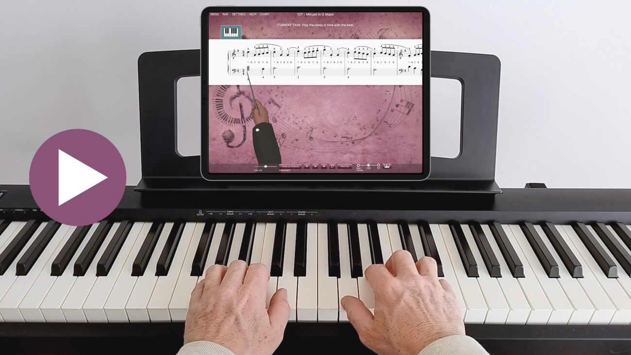 Man's hands playing digital piano with the Musiah piano lessons app running on an iPad that sits on the piano's music rest. Click to play the Musiah Demo Video for Adult Beginners.